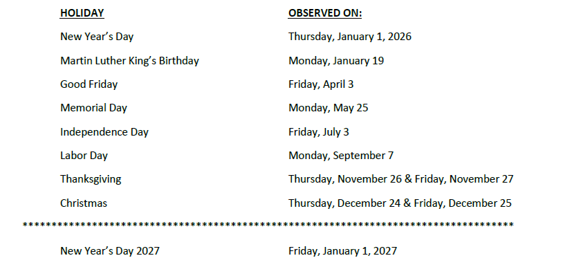 2026 Holiday Schedule